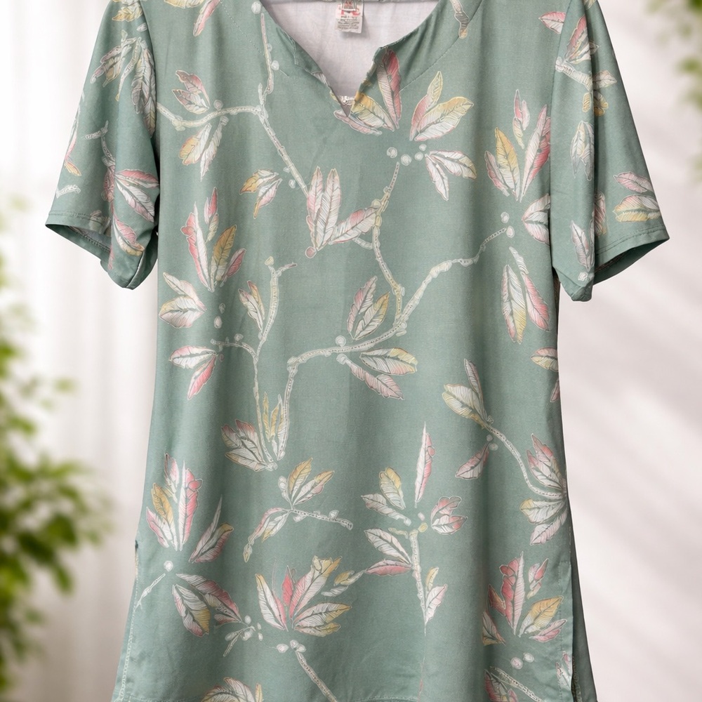Jerzees Sage Green Floral V-Neck Tunic